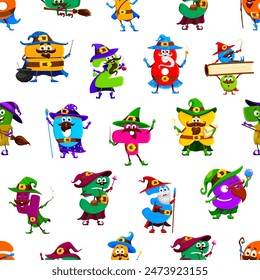 Halloween math number wizard and mage characters seamless pattern. Vector tile background with funny mathematics personages. Zero, two, three, four and plus. Five, nine and one digit magical sorcerers