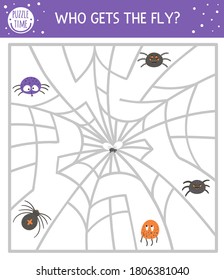 El laberinto de Halloween para los niños. Actividad educativa imprimible en preescolar de otoño. Divertido día del juego muerto o rompecabezas con arañas, telaraña, insecto. ¿Quién tiene la mosca?
