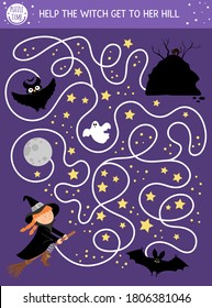 Halloween maze for children. Autumn preschool printable educational activity. Funny day of the dead game or puzzle with spooky scene, night sky and stars. Help the witch get to her hill 
