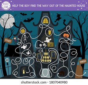 Halloween maze for children. Autumn preschool printable educational activity. Funny day of the dead game or puzzle with spooky scene. Help the boy find the way out of the haunted house 
