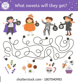 Halloween maze for children. Autumn preschool printable educational activity with kids in costumes. Funny day of the dead game or puzzle with trick or treat scene. What sweets will the children get? 
