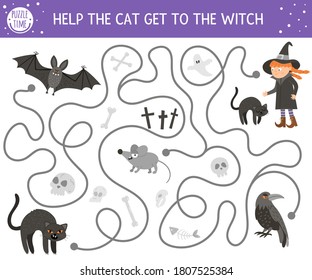 Halloween maze for children. Autumn preschool printable educational activity. Funny day of the dead game or puzzle with black kitten, bat, mouse. Help the cat get to the witch
