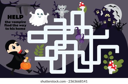 Halloween maze for children. Help the little vampire find his way home. Children's educational game in cartoon style with positive characters.