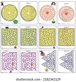 Halloween maze game for children.  Set of Halloween puzzle. 