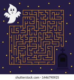 Halloween maze game for childrens education. Cartoon ghost and grave stone on night background with stars. Help little cute spook to find  tomb in labyrinth Vector holiday illustration flat design.