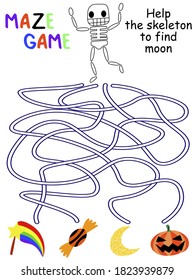 Halloween maze game for kids education and fun stock vector illustration. Help the skeleton to find moon. Funny cartoon tangled ways vertical worksheet for preschool and school children.