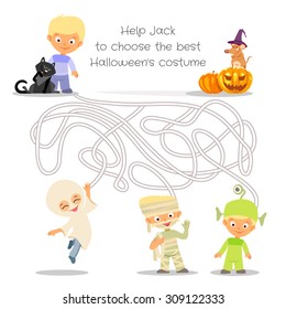 Halloween maze game for kids education. Help little boy to find right way through labyrinth. Find  right halloween costume. Vector illustration