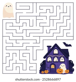 Halloween maze game for kids. Help the ghost find right way to haunted house. Cute kawaii characters. Activity sheet. Labyrinth puzzle. Vector illustration.