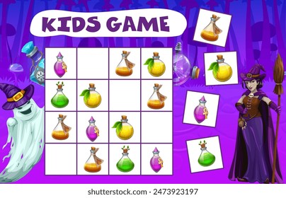 Juego de laberinto de Halloween con botellas de poción. Acertijo de Sudoku para niños, hoja de trabajo de Vector de rompecabezas de inteligencia o juego de rebus infantil con personajes de dibujos animados fantasma y bruja y botellas de pociones mágicas de Halloween