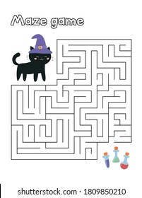 Halloween maze game for preschool kids. Help the black cat find right way to the potions. Kawaii cartoon character.