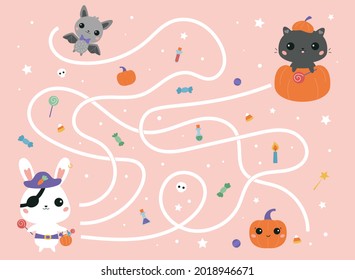 Halloween maze game for preschool kids. Cute kawaii animals in costumes. Educational labyrinth. Autumn activity worksheet. Funny bunny pirate, cat in pumpkin and bat vampire. Vector illustration.