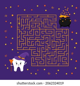 Halloween maze game tooth witch and cauldron. Help cute halloween teeth witch with hat and broom to find right her pot in labyrinth Vector illustration in cartoon flat style for kids dental education.