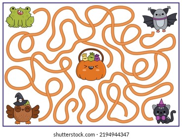 Halloween maze for kids. Autumn holiday preschool printable activity with cute kawaii animals and pumpkin with sweets. Scary labyrinth game with cute characters. Trick or treat worksheet
