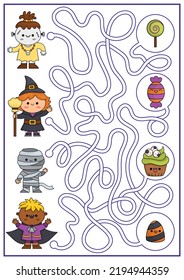 Halloween maze for kids. Autumn holiday preschool printable activity with cute kawaii children and sweets. Scary labyrinth game with cute characters. Trick or treat costume party worksheet
