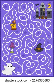 Halloween maze for kids. Autumn holiday preschool printable activity with cute kawaii ghost and haunted cottage. Scary labyrinth game with cute characters. All saints day worksheet
