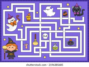 Halloween maze for kids. Autumn holiday preschool printable activity with cute kawaii witch, cat, ghost. Scary labyrinth game or puzzle with cute characters. All saints day worksheet for children
