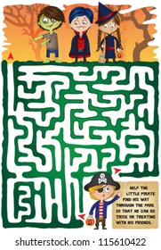 Halloween Maze for Kids. Help the little pirate find his way through the maze to meet his friends to go trick or treating on Halloween!