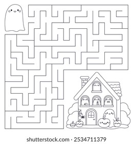 Halloween maze labyrinth game for kids. Coloring page. Help the ghost find right way to haunted house. Cute kawaii characters. Children's educational game. Vector illustration.