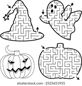 Halloween mazes set. Pumpkin, ghost, witch hat. Caved pumpkin graphic.
