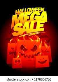 Halloween mega sale vector banner design with evil burning paper bags