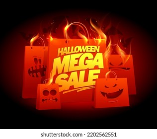 Halloween mega sale vector poster or web banner design template with red shopper bags personages and golden lettering