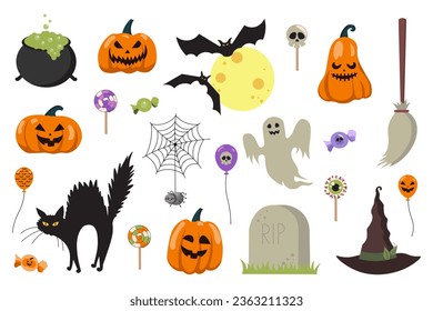 Halloween mega set elements in flat design. Bundle of witch cauldron, evil pumpkin, bats by moon, broom, candy, spider on web, ghost, black cat, other. Vector illustration isolated graphic objects