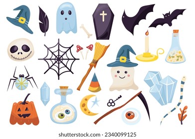 Halloween mega set in graphic flat design. Bundle elements of witch cap, raven feather, ghost, coffin, bat, pumpkin, fly agaric, broom, candle, potion and other. Vector illustration isolated stickers
