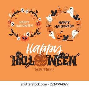 Halloween mega set. Happy halloween - cute hand drawn doodle lettering label. Halloween party - Trick or Treat. Lettering art for poster, web, banner, t-shirt design.