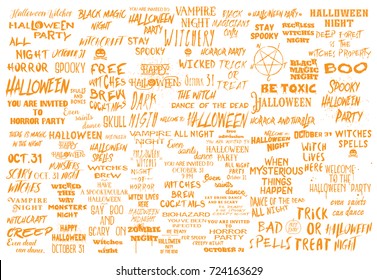 Halloween mega set of over 100 black and white scary and spooky quotes about October 31 holiday. Handmade and  brush lettering inscriptions collection. Holiday modern calligraphy illustration. Vector.