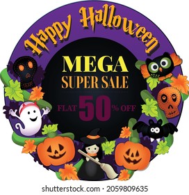 Halloween Mega super sale Night Party Greetings wishes flat discount Cute kids Promotion Logo label banner spooky ghost pumpkin fairy monster eye Mega Special offer final Big sale banner, flat 70% off
