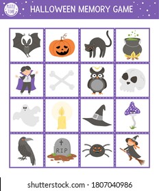 Halloween memory game cards with traditional holiday symbols. Matching activity with funny characters. Remember and find correct picture card. Simple autumn printable worksheet for kids. 
