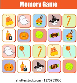 Halloween memory game. Find pairs of same objects. Educational children game, kids activity.