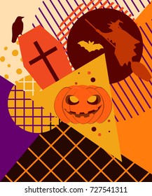Halloween memphis college. Festive background with mystical creatures and geometric figures in the style of the 80s. Vector illustration