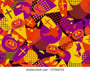 Halloween memphis seamless pattern. Festive background with mystical creatures and geometric figures a memphis in the style of the 80s. Vector illustration