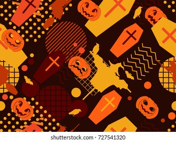 Halloween memphis seamless pattern. Festive background with mystical creatures and geometric figures a memphis in the style of the 80s. Vector illustration