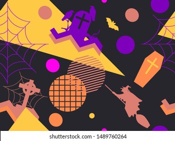 Halloween memphis seamless pattern. Geometric shapes and holiday symbols, icons. Modern trendy background for promotional products, wrapping paper and printing. Vector illustration