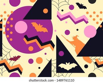 Halloween memphis seamless pattern. Geometric shapes and holiday symbols, icons. Modern trendy background for promotional products, wrapping paper and printing. Vector illustration