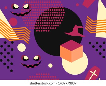 Halloween memphis seamless pattern. Geometric shapes and holiday symbols, icons. Modern trendy background for promotional products, wrapping paper and printing. Vector illustration
