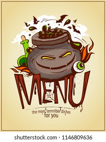 Halloween menu card cover design, angry jar of potion graphic illustration