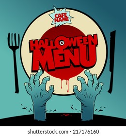 Halloween menu card design with zombie hands and moon instead of a plate.