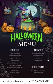 Halloween menu, cartoon witch in cave with potion and pumpkins, vector template. Halloween holiday spooky night party menu flyer or card with scary witch character, horror castle, bats, cauldron, cat