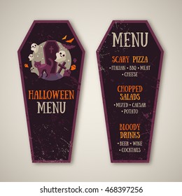 Halloween Menu Design in Coffin Shape. Vector illustration. Textured Backdrop. Cat, Grave and Creepy Ghost Symbols. Typographic Template for Text