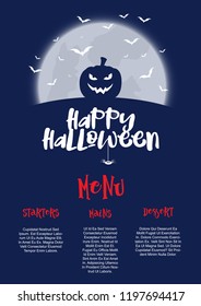 Halloween menu design with pumpkin and bats