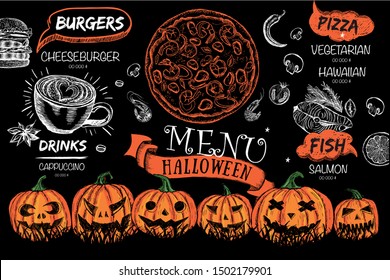 Halloween menu. Design template. Hand drawn illustration. 