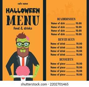 Halloween menu food and drinks flat design with zombie. Vector illustration