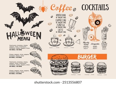 Halloween menu, Food flyer, Restaurant cafe menu.	