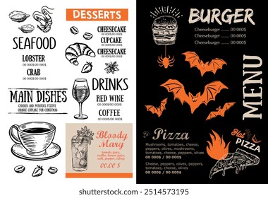 Halloween menu, Food flyer, Restaurant cafe menu hand drawn illustrations.	