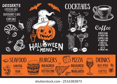 Halloween-Menü, Speiseflyer, Restaurant-Café-Menü handgezeichnete Illustrationen.	