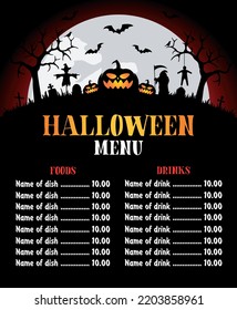 Halloween menu foods and drinks card design template. Vector illustration