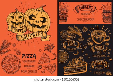 Halloween menu. Hand drawn illustration. Design template.